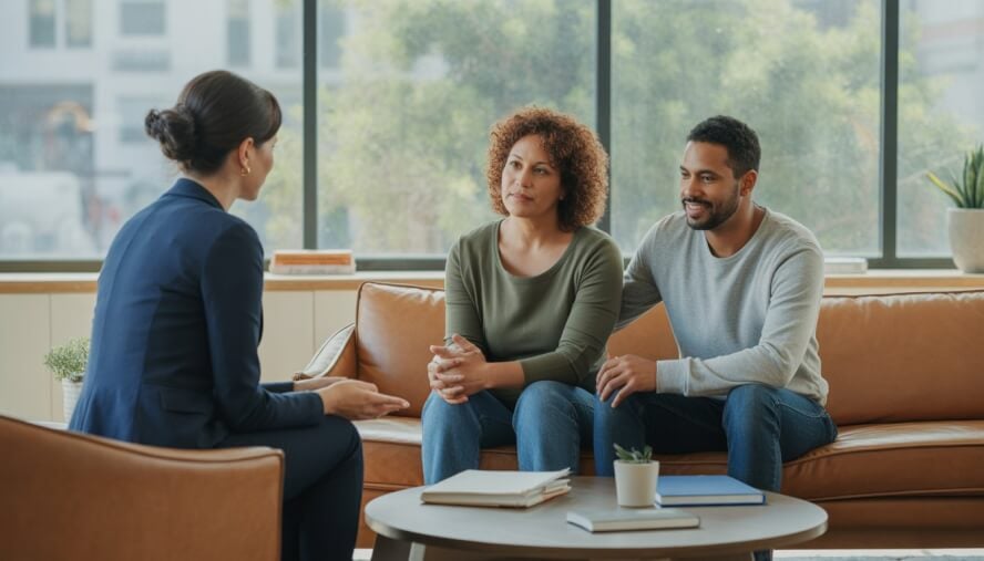A therapist talking with a couple in a comfortable office with large windows showing a city view.