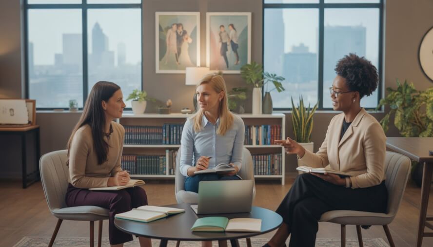 Three therapists sitting around a table in a bright counseling office with a view of Minneapolis, engaged in a discussion.