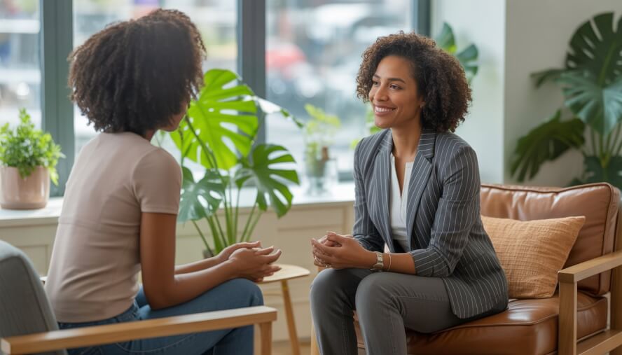 A Black female therapist attentively talking with a Black woman client in a bright, comfortable therapy office with plants and a city view.