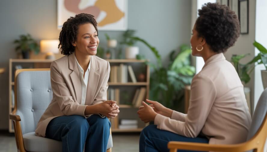 A Black female therapist attentively listening to a Black woman client in a cozy, modern therapy office.