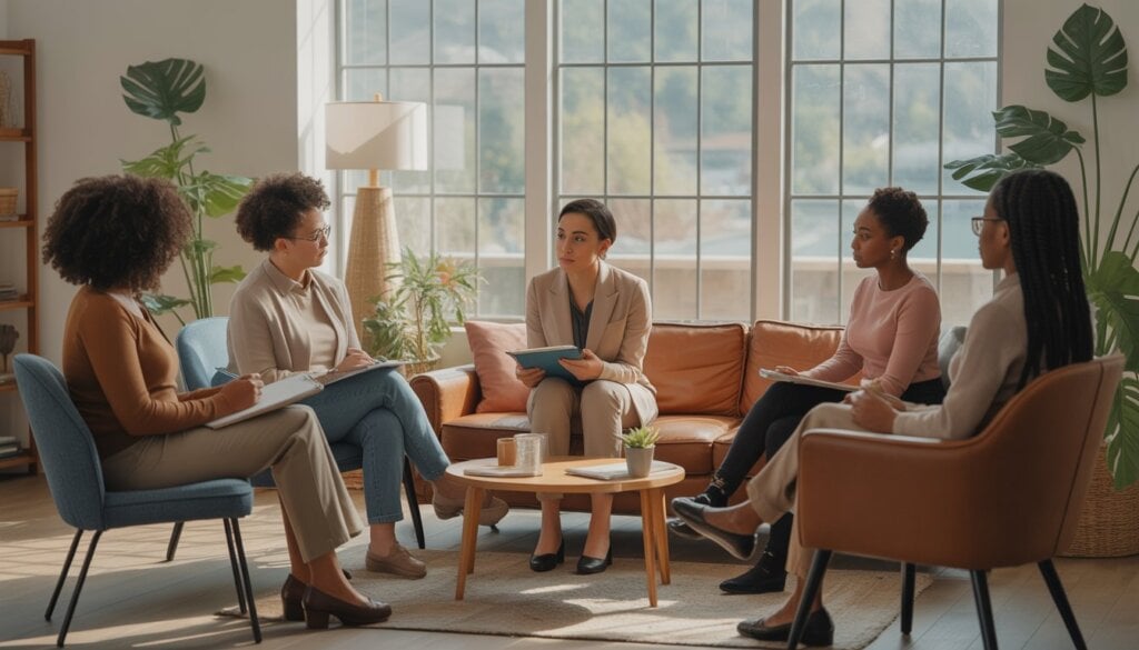A Black female therapist talking with Black women clients in a bright, comfortable therapy office.