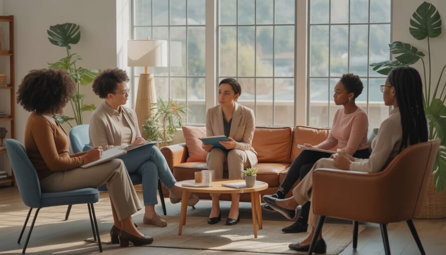 A Black female therapist talking with Black women clients in a bright, comfortable therapy office.