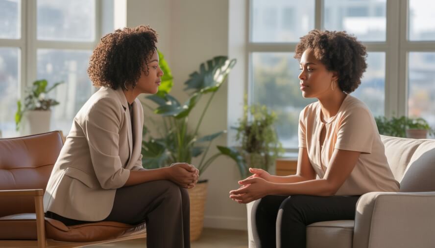 A Black female therapist attentively listening to a Black female client in a cozy therapy office with natural light and plants.