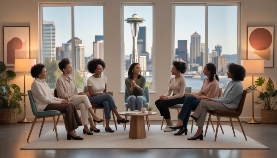 A group of Black women sitting in a circle in a bright therapy office with a view of the Seattle skyline, engaged in a supportive conversation.