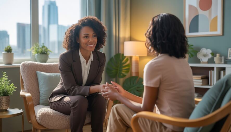 A Black woman therapist and a Black woman client having a supportive conversation in a comfortable office with a view of Austin's skyline.