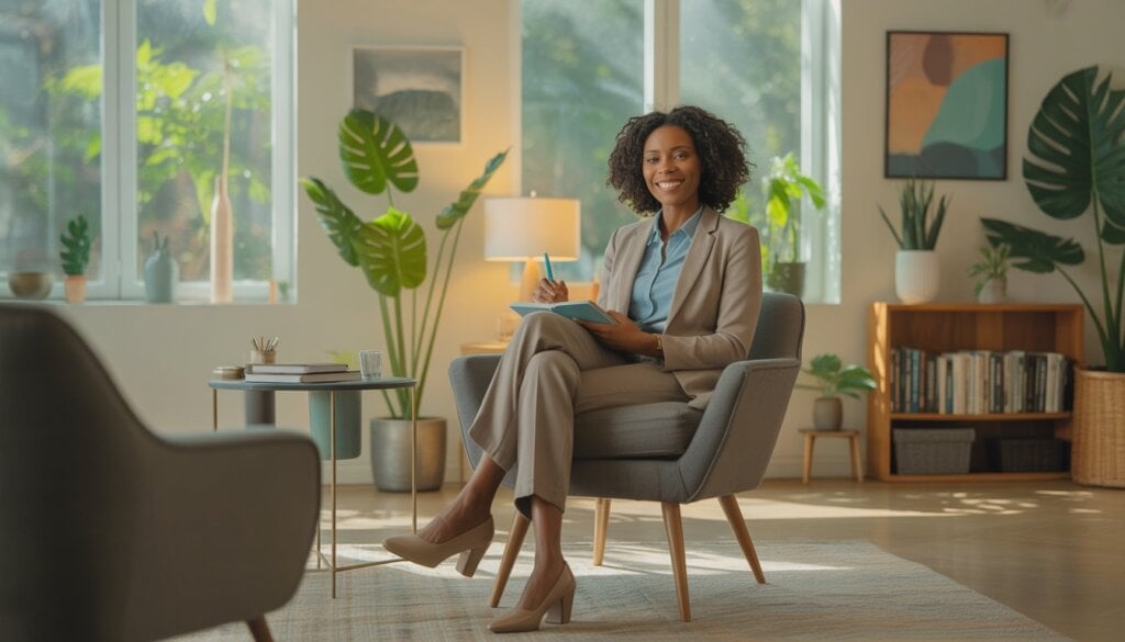 A Black woman therapist sitting in a cozy office with plants and bookshelves, smiling and ready to listen.