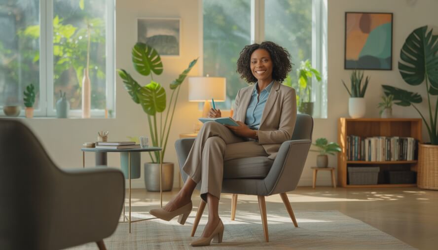 A Black woman therapist sitting in a cozy office with plants and bookshelves, smiling and ready to listen.