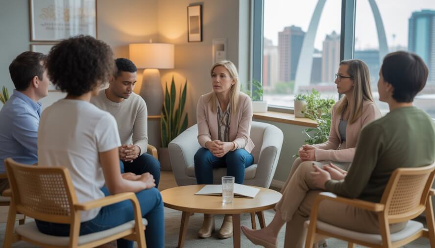 A therapist leads a diverse group of adults in a counseling session in a bright room with a view of the St. Louis Gateway Arch.