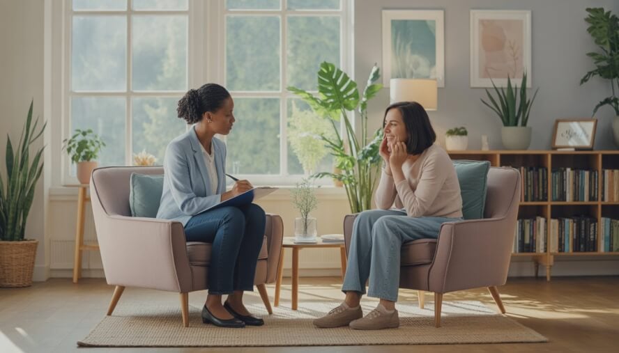 A therapist and client having a supportive conversation in a bright, cozy therapy office with plants and books.