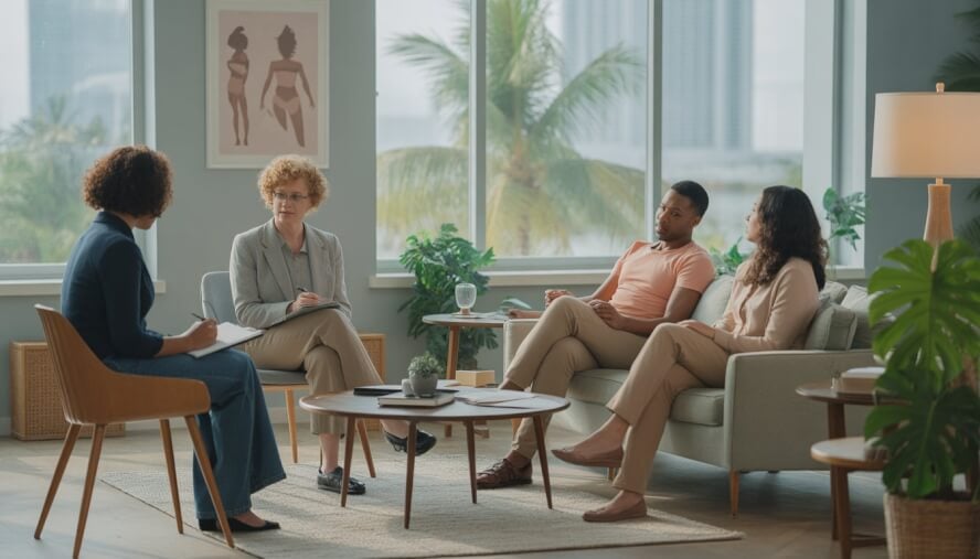 A therapist and two clients having a supportive conversation in a bright therapy office with a view of Miami palm trees outside.