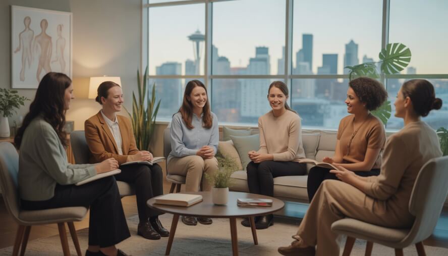 A group of diverse therapists sitting and talking together in a bright therapy office with large windows showing the Seattle skyline.