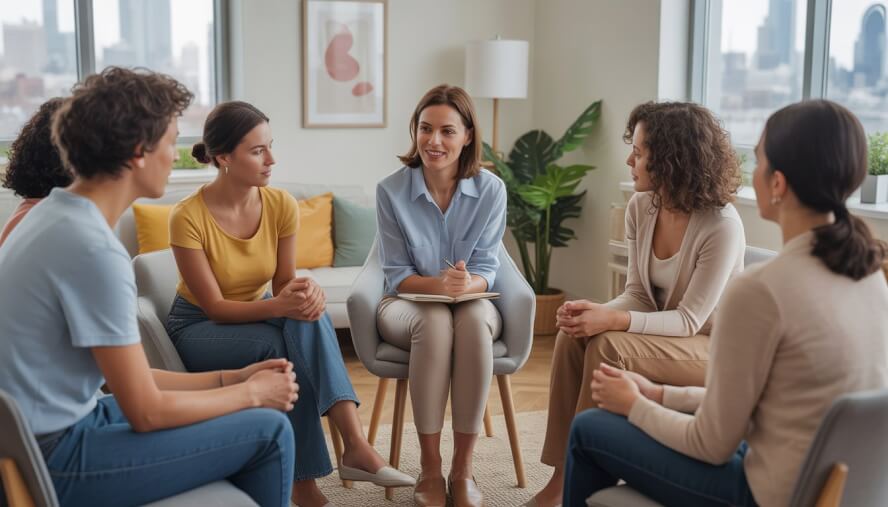 A therapist listens attentively to a diverse group of clients in a bright therapy room with a view of Philadelphia's city skyline.