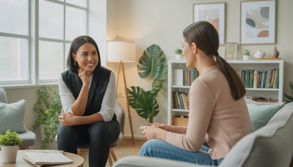 A therapist and client engaged in a counseling session in a bright, comfortable therapy office.
