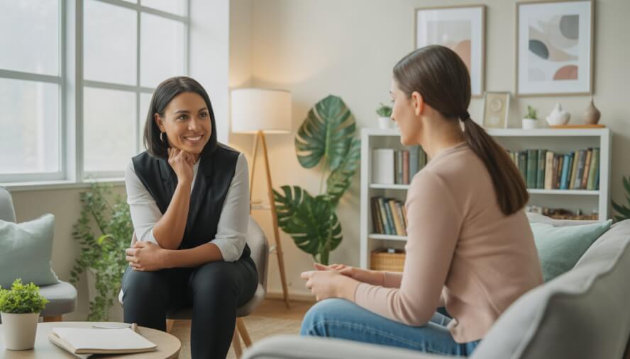 A therapist and client engaged in a counseling session in a bright, comfortable therapy office.