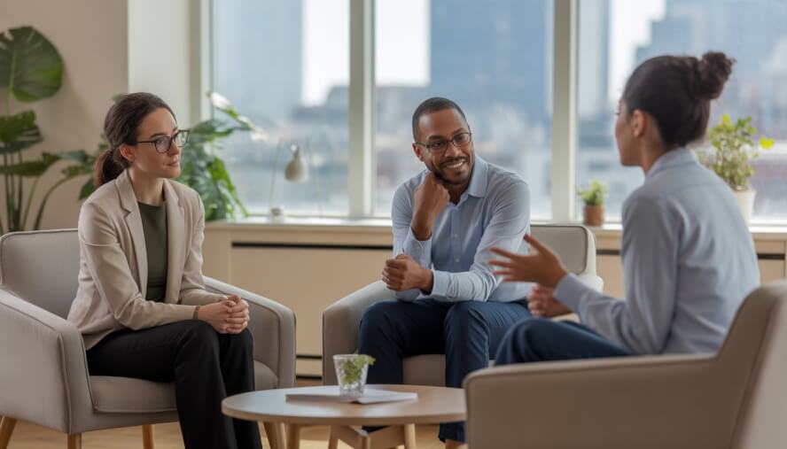Two therapists talking supportively with a young adult client in a bright therapy office with a city view.