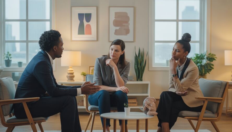 Two therapists talking with a young adult client in a bright therapy office with large windows showing a city view.