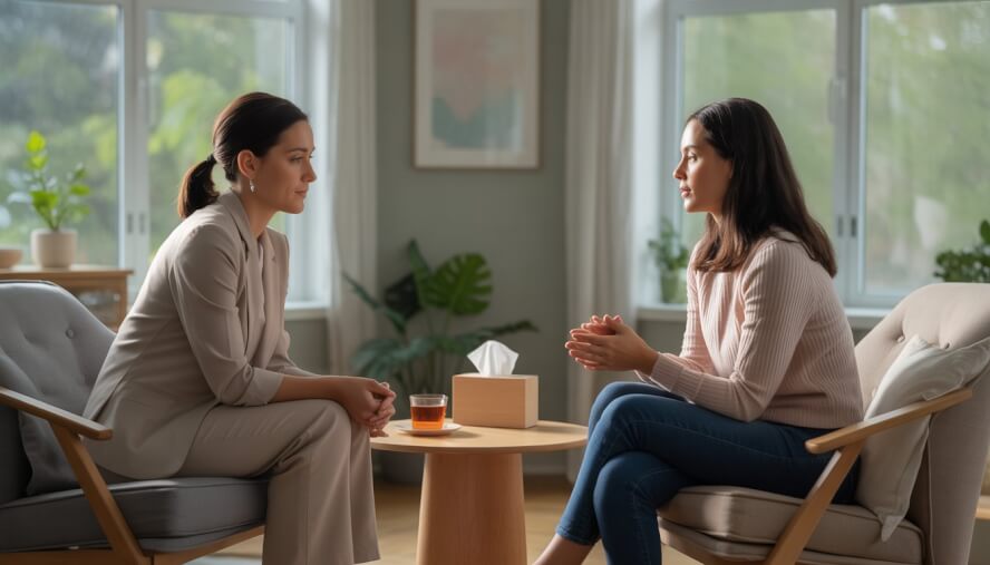 A female therapist attentively listening to a woman in a calm therapy office with natural light and plants.