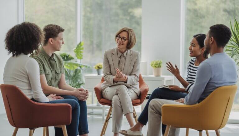 A therapist and three adults sitting in a bright therapy office, engaged in a supportive group discussion.