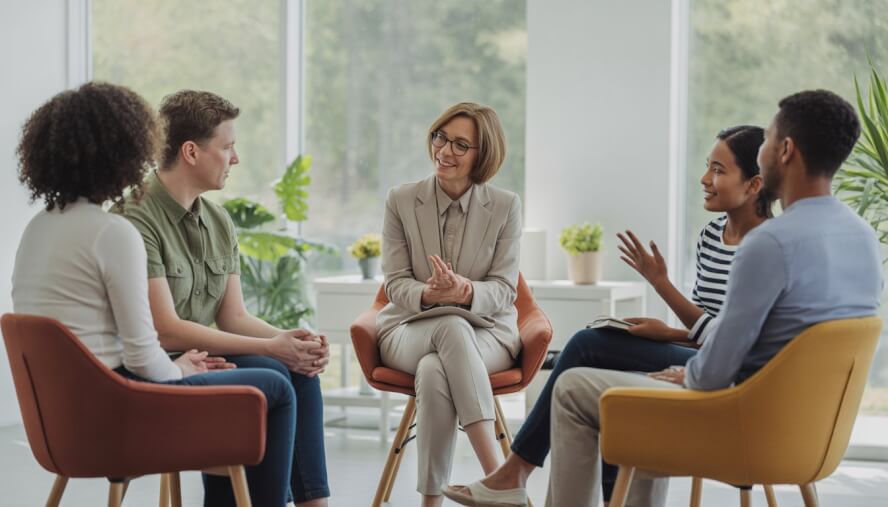 A therapist and three adults sitting in a bright therapy office, engaged in a supportive group discussion.