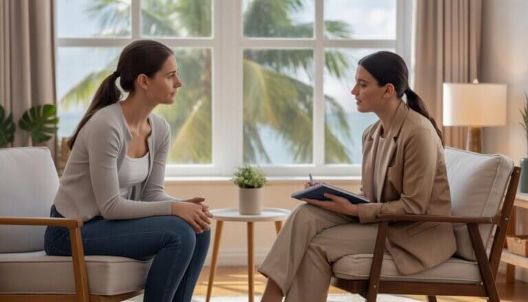 A therapist attentively listening to a woman in a bright therapy office with palm trees visible outside.