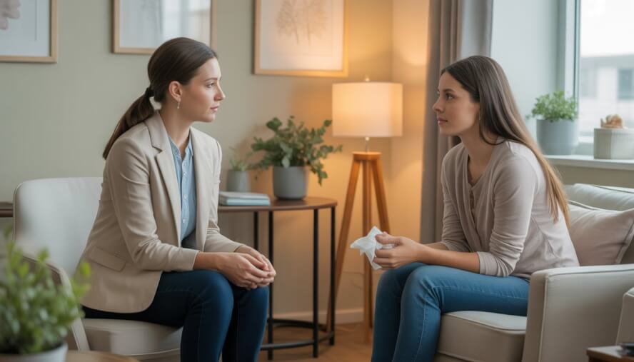 A therapist attentively listening to a woman in a bright, comfortable office setting.