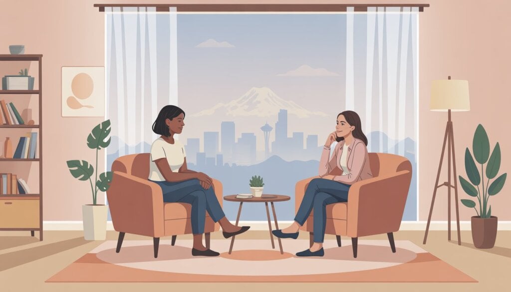 A female therapist attentively listening to a woman in a cozy therapy room with a view of Seattle skyline and Mount Rainier.