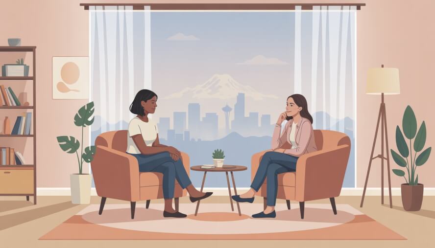A female therapist attentively listening to a woman in a cozy therapy room with a view of Seattle skyline and Mount Rainier.