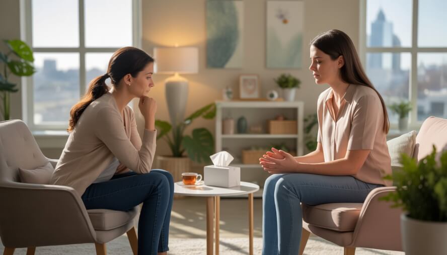 A therapist attentively listens to a woman in a bright office with natural light and plants, providing emotional support.
