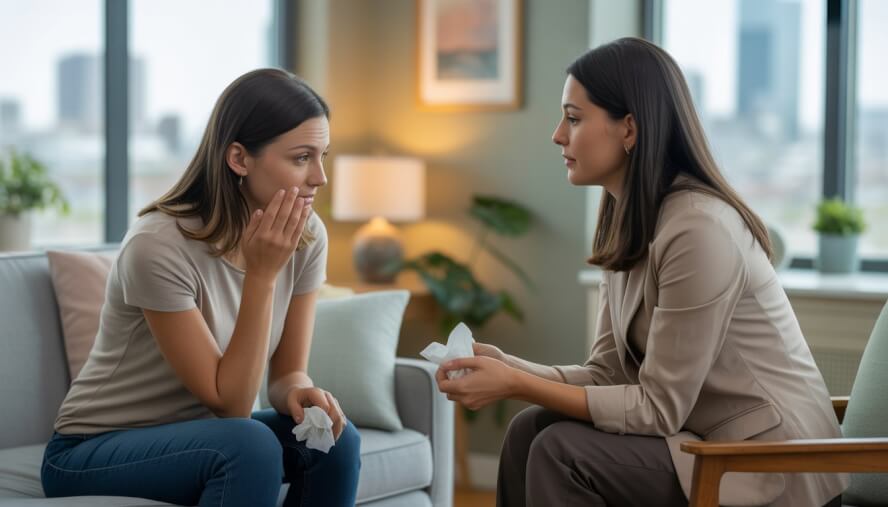 A therapist attentively listens to a woman in a therapy office with a view of Denver in the background.