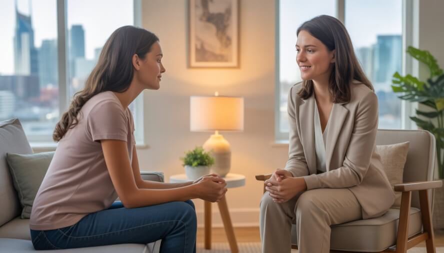 A female therapist attentively listening to an emotional woman in a bright, comfortable therapy office with a view of Nashville.