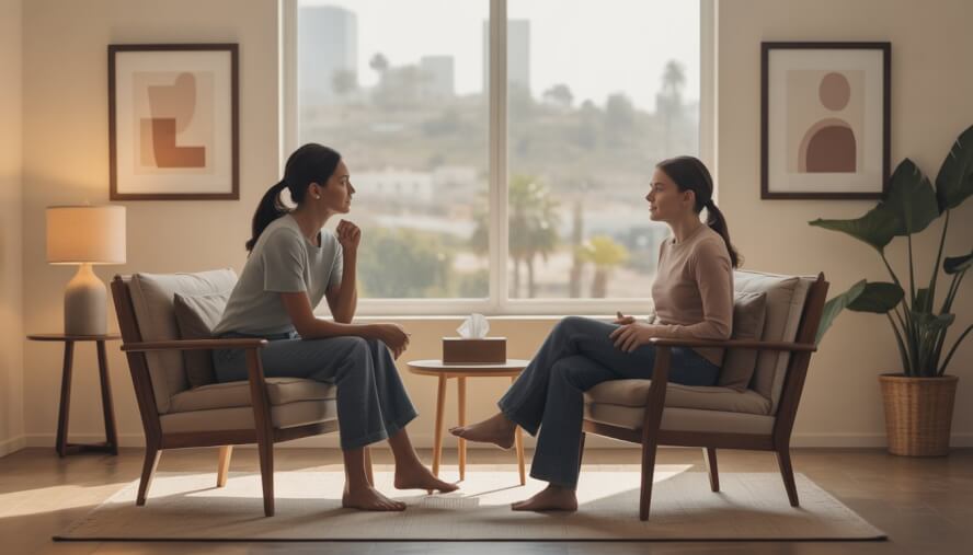 A therapist attentively listening to a woman in a warm therapy office with a window showing a sunny cityscape with palm trees.