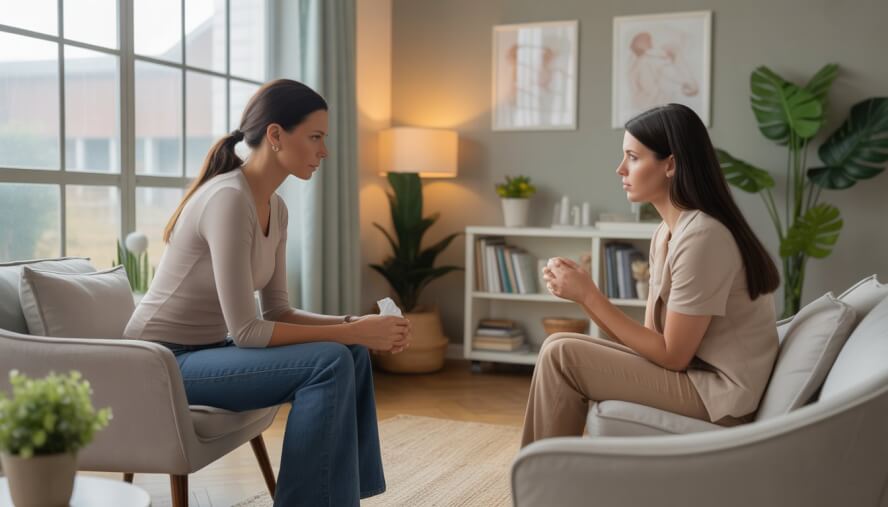 A therapist and a woman in a comforting therapy session in a bright, welcoming office.