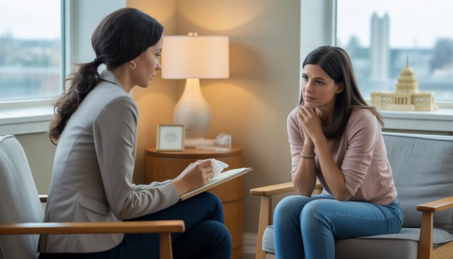A female therapist attentively listening to an emotional woman during a therapy session in a bright office with a view of Washington, DC.