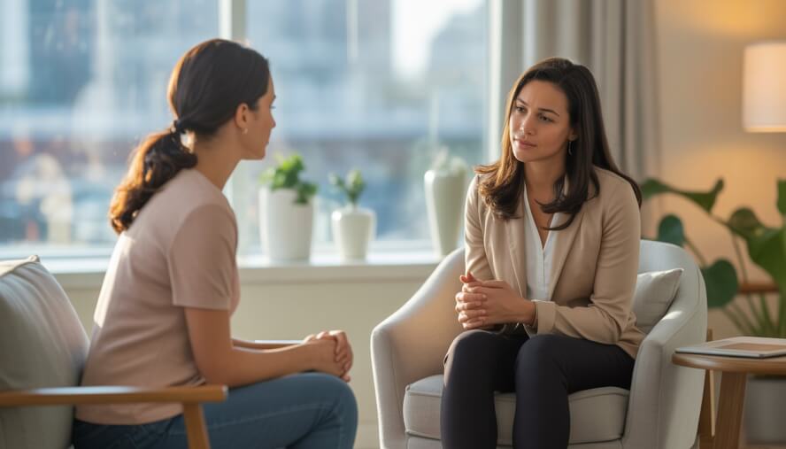 A female therapist attentively listening to a woman in a counseling office with natural light and plants.