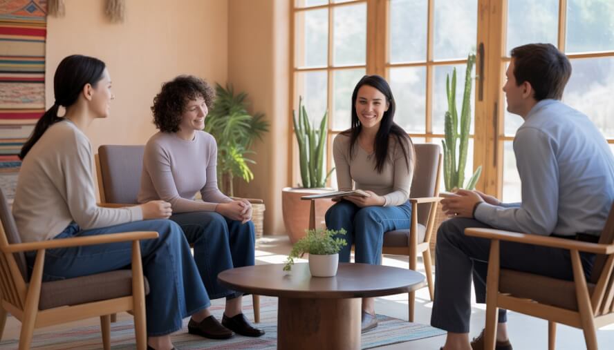 Three adults sitting in a bright therapy office in Santa Fe, engaged in a supportive conversation about relationships.