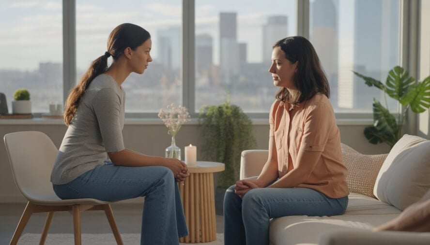 A therapist comforting a woman in a bright counseling office with a view of Denver, Colorado.