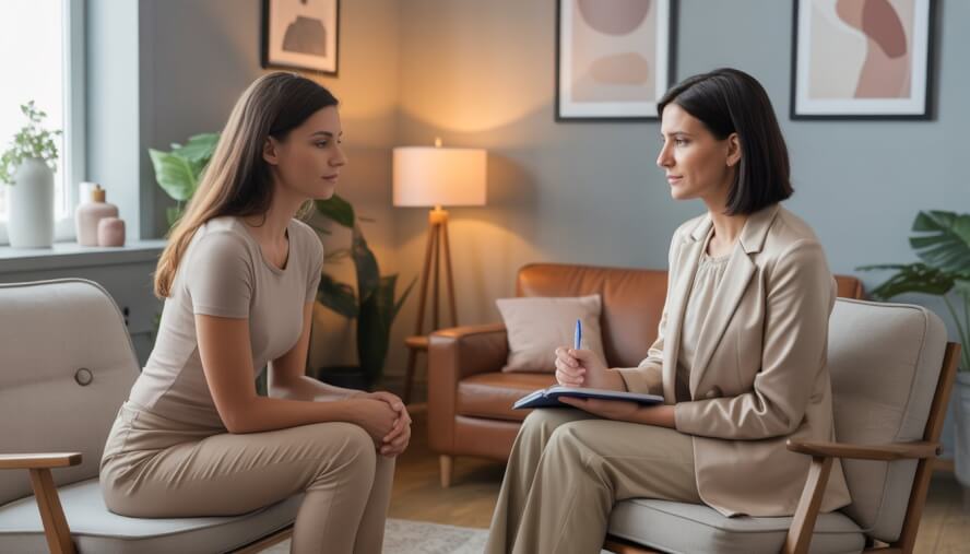 A female therapist attentively listening to a young woman during a counseling session in a comfortable office with a city view.