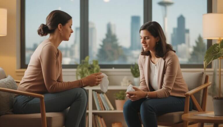 A therapist attentively listening to a woman in a therapy office with a view of Seattle skyline.