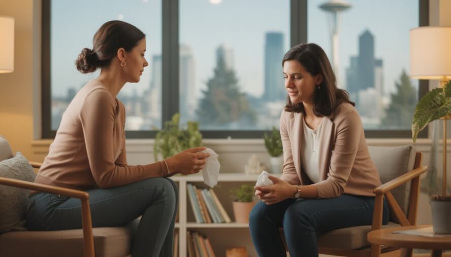 A therapist attentively listening to a woman in a therapy office with a view of Seattle skyline.