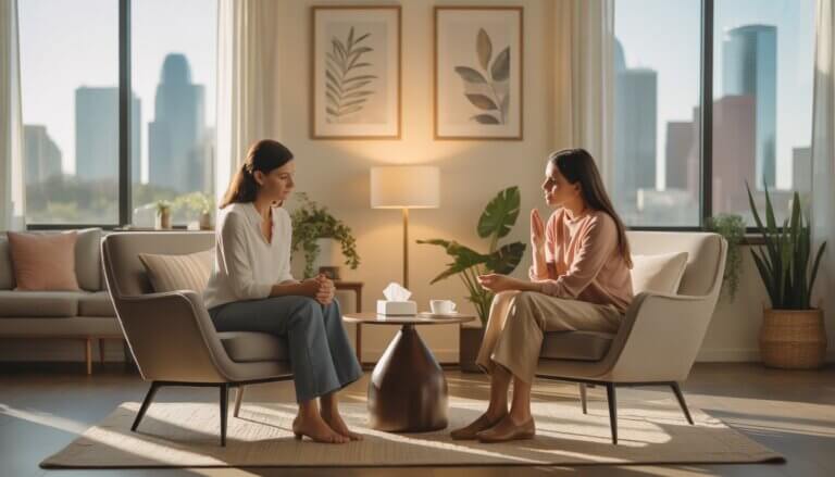 A therapist and a woman having a supportive counseling session in a cozy office with large windows showing a city skyline.