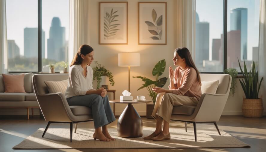 A therapist and a woman having a supportive counseling session in a cozy office with large windows showing a city skyline.