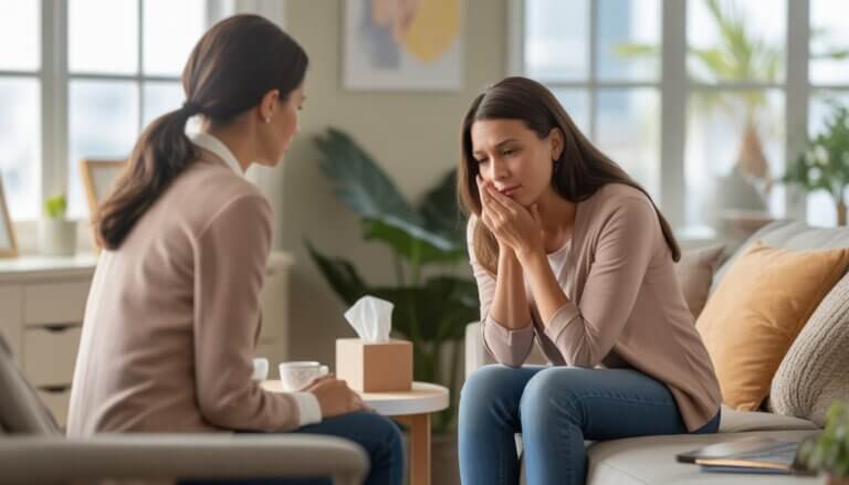 A therapist attentively listening to a grieving woman in a warm, comfortable therapy office with natural light and calming decor.
