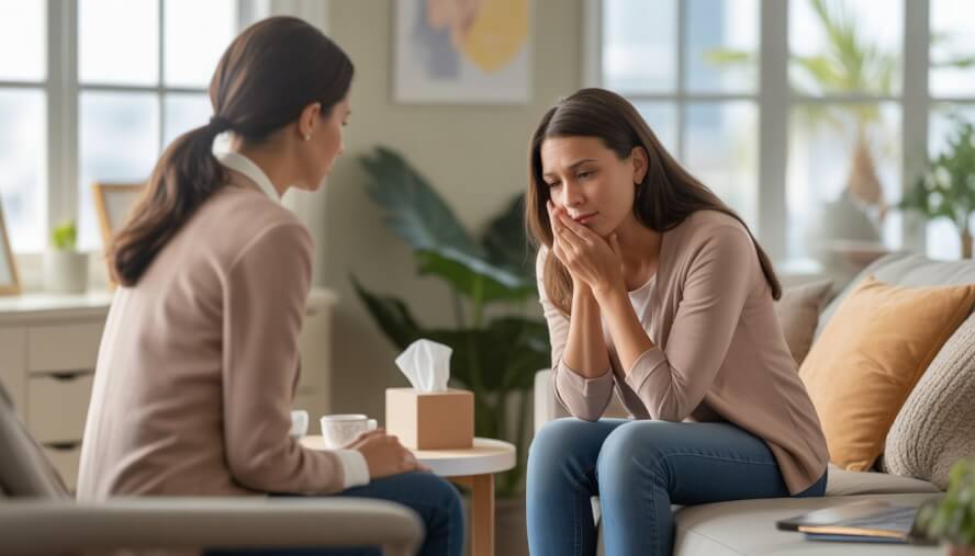A therapist attentively listening to a grieving woman in a warm, comfortable therapy office with natural light and calming decor.