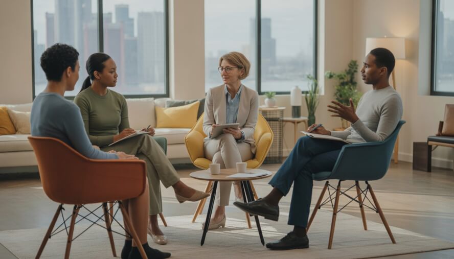 A diverse group of adults in a comfortable therapy room in Detroit, engaged in a supportive group conversation with a therapist.