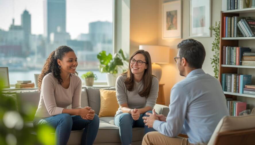 Three adults sitting and talking in a cozy therapy office with a window showing a city view in the background.