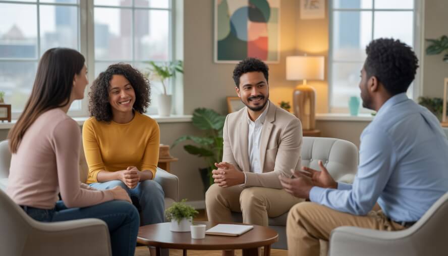 A therapist and three adults having a supportive conversation in a bright, comfortable therapy office with a city view in the background.