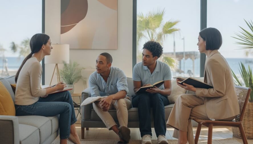 Two therapists speaking with a relaxed couple in a bright, modern therapy office with coastal views.