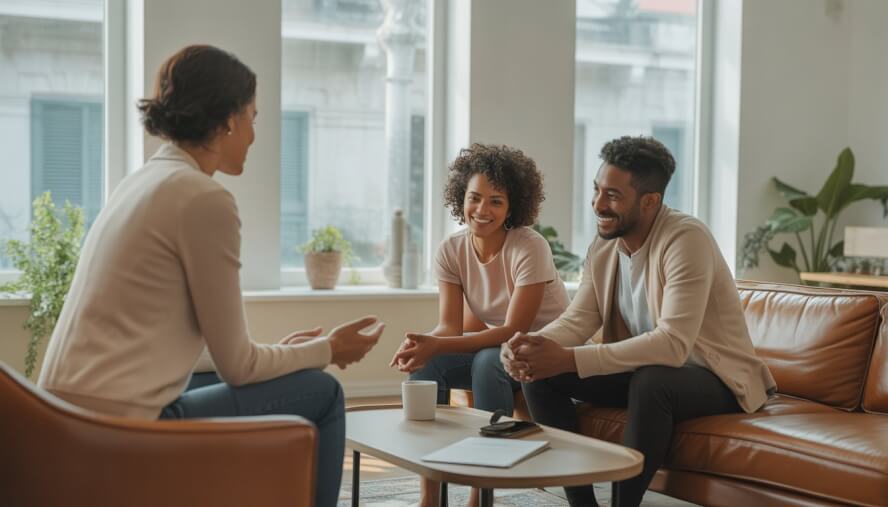 A therapist and two clients sitting together in a bright, comfortable therapy office with large windows showing a city view.