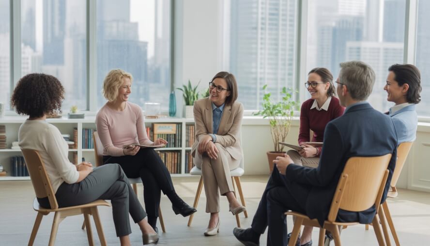 A diverse group of adults and therapists sitting in a circle in a bright office with a view of the Chicago skyline, engaged in a supportive group discussion.