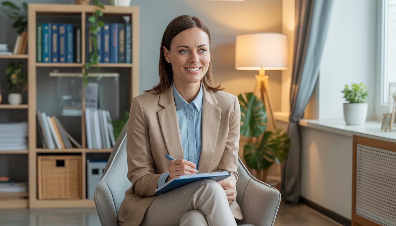 A female therapist sitting in a comfortable office with bookshelves and plants, holding a notepad and pen, looking approachable and ready to listen.
